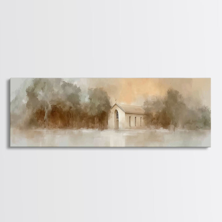 Soft Morning Chapel | Framed Canvas Print | Panoramic Wall Art | Christian Art Canvas | Christian Painting | Christian Christmas Art | Chri