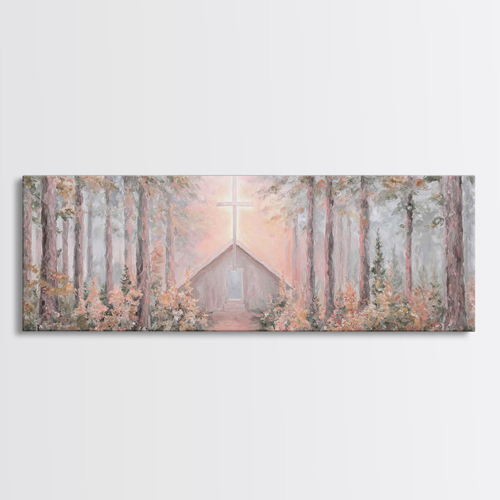 Woodland Cross Glow – Framed Canvas Print – Panoramic Painting – Christian Art Canvas – Christian Wall Art – Christian Christmas Art – Chri