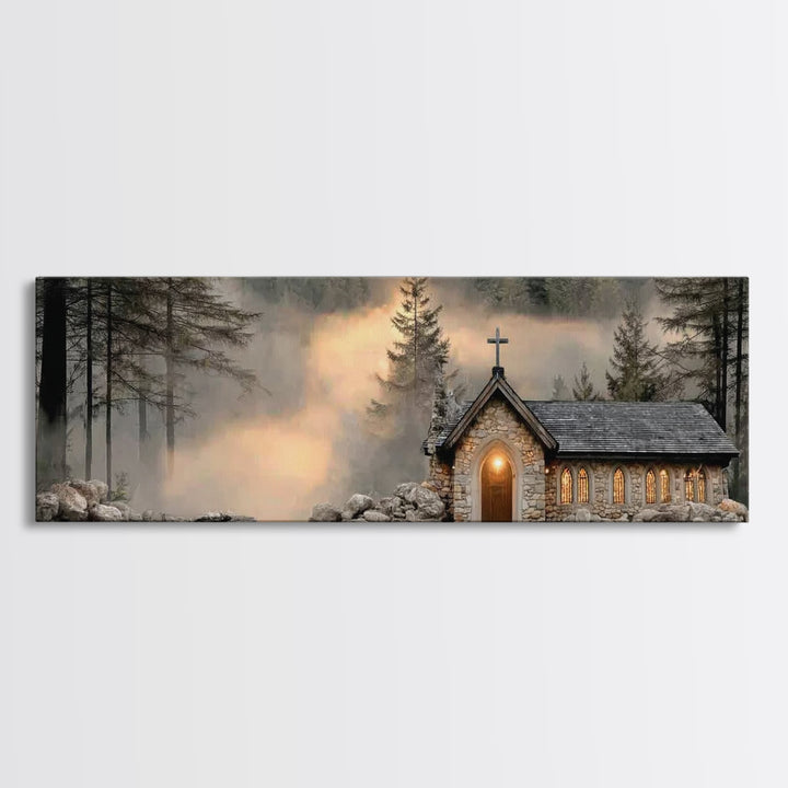 Chapel In The Pines | Framed Canvas Print | Panoramic Frame | Christian Wall Art | Christian Christmas Art | Christian Art Canvas | Christi