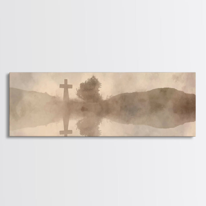 Misty Cross Reflections – Framed Canvas Print – Christian Wall Art – Panoramic Art – Christian Art Canvas – Jesus Painting – Christian Gift