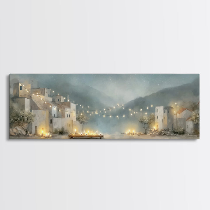 Starlit Village Peace, Framed Canvas Print, Christian Wall Art, Panoramic Art, Christian Christmas Art, Christian Art Print, Christian Deco