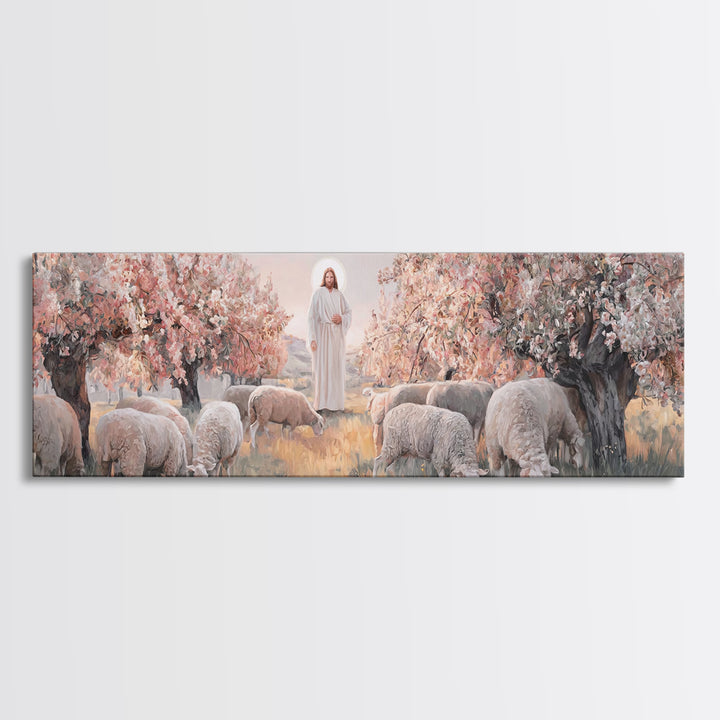 Peaceful Flock Dawn, Framed Canvas Print, Christian Art Print, Panoramic Art, Christmas Art, Christian Wall Art, Jesus Canvas Art