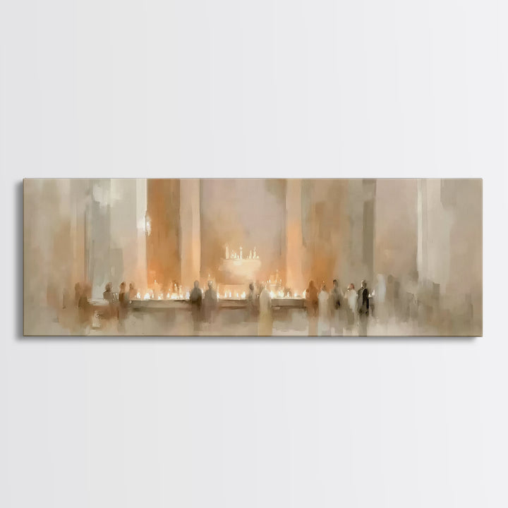 Sacred Candle Gathering | Framed Canvas Print | Christian Wall Art | Christian Christmas Art | Panoramic Wall Art | Christian Art Canvas