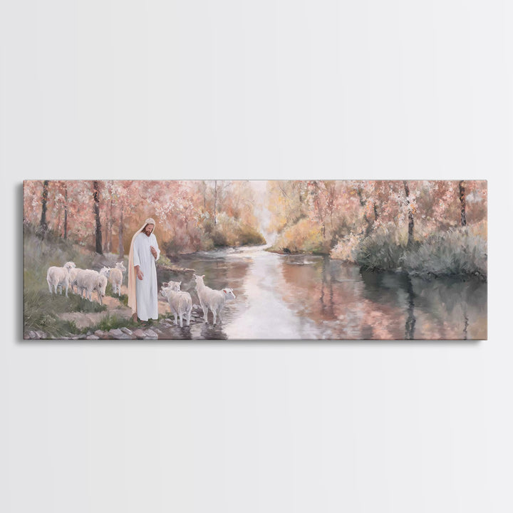 Pastoral Grace Reflections – Framed Canvas Print – Jesus Painting – Panoramic Print – Christian Wall Art – Christian Art Canvas – Christian
