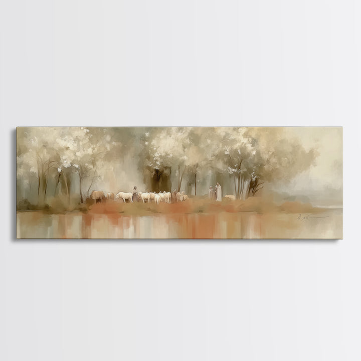 Garden Of The Shepherd, Framed Canvas Print, Jesus Painting, Christian Wall Art, Panoramic Art, Christian Art Canvas, Christian Gift Ideas