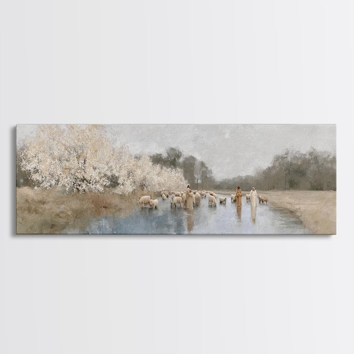 Riverside Shepherd Calm | Framed Canvas Print | Christian Art Canvas | Panoramic Wall Art | Jesus Painting | Christian Gift Ideas | Christi