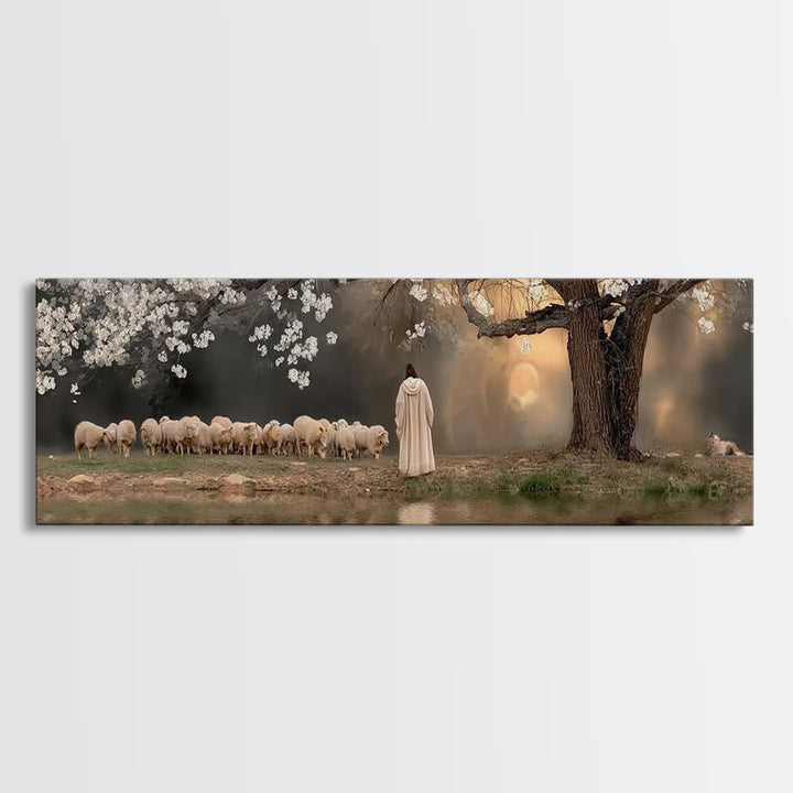 Shepherd’s Quiet Dawn, Framed Canvas Print, Christian Wall Art, Panoramic Print, Jesus Painting, Christian Art Canvas, Christian Gift Ideas