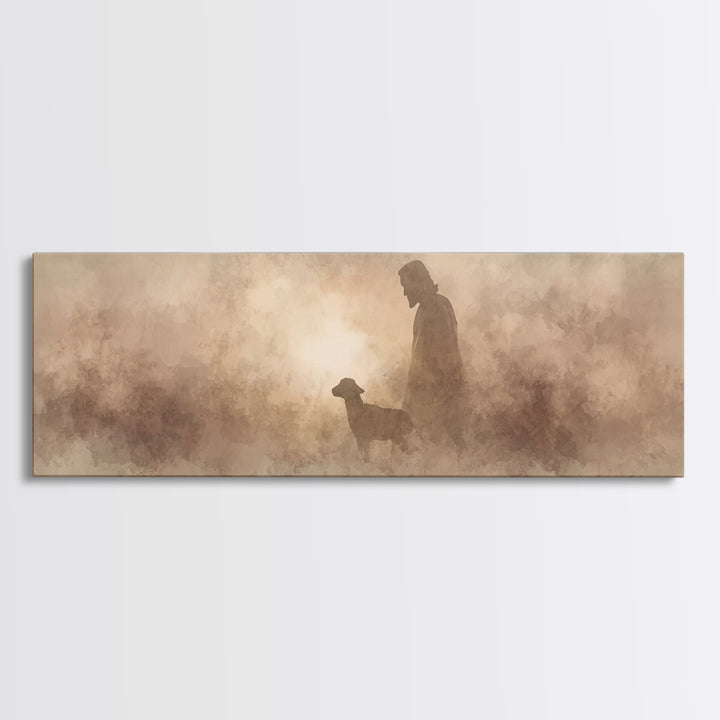 Lamb Of Morning Light, Framed Canvas Print, Christian Art Canvas, Panoramic Art, Jesus Painting, Christian Wall Art, Christian Gift