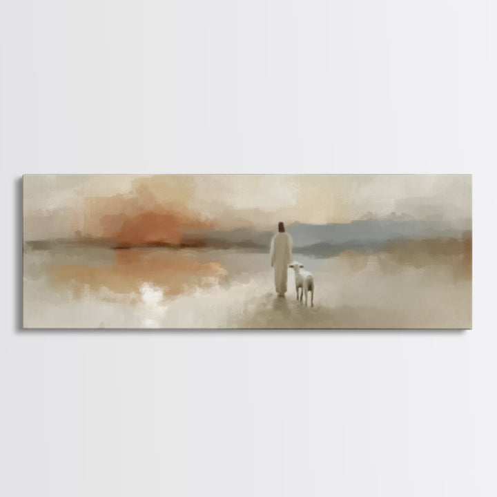 Evening Shepherd Light, Framed Canvas Print, Christian Art Canvas, Jesus Wall Art, Panoramic Painting, Christian Christmas Art, Modern Chri