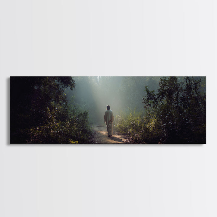 Light Through The Trees, Framed Canvas Print, Christian Wall Art, Jesus Painting, Panoramic Print, Christian Art Canvas, Large Christian Pa