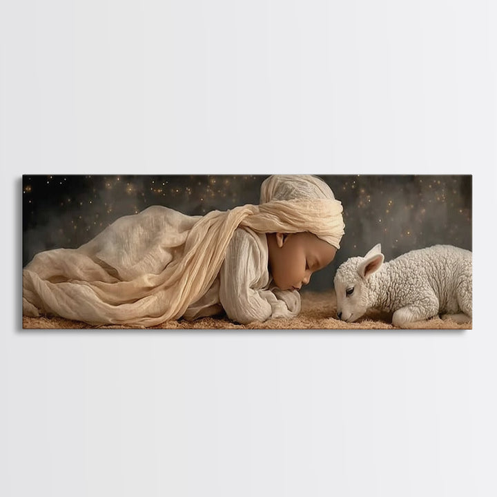 Peaceful Manger – Framed Canvas Print – Christian Christmas Art – Christian Wall Art – Panoramic Frame – Christian Art Canvas – Christmas D