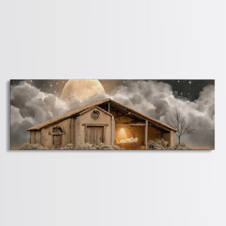 Starry Night Shelter, Framed Canvas Print, Panoramic Wall Art, Christian Christmas Art, Christmas Art Prints, Christian Wall Art, Christian