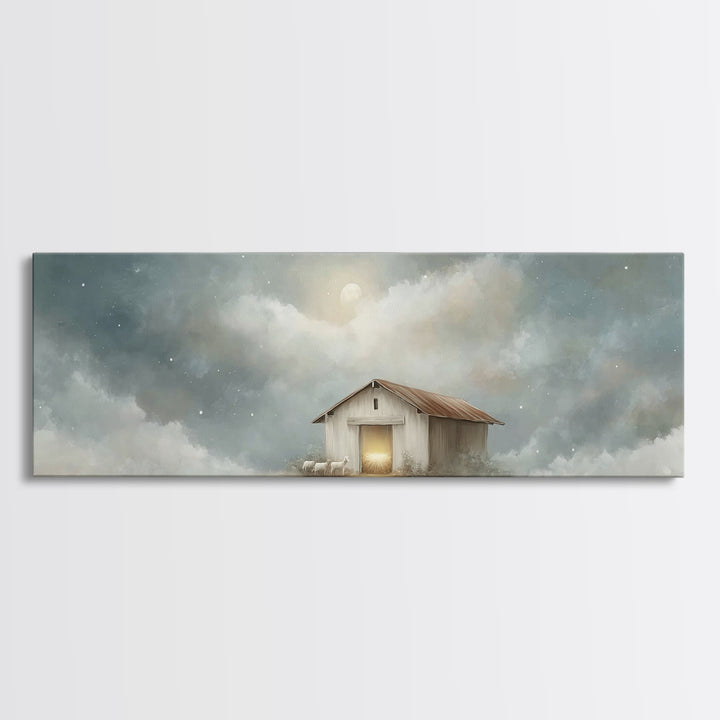 Midnight Stable Peace | Framed Canvas Print | Panoramic Painting | Christian Art Canvas | Christmas Wall Art | Christian Christmas Decor |