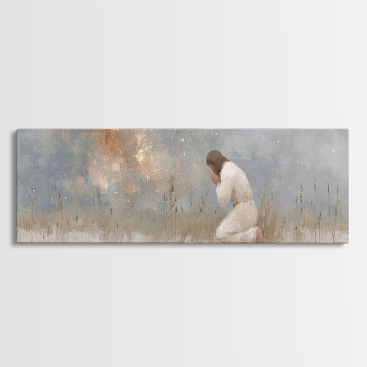 Silent Petition, Framed Canvas Print, Panoramic Wall Art, Christian Art Canvas, Jesus Painting, Christian Wall Art, Christian Christmas Art