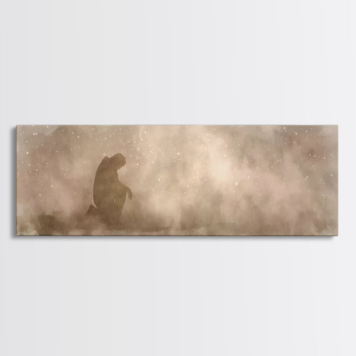 Kneeling Light | Framed Canvas Print | Panoramic Frame | Christian Art Canvas | Jesus Painting | Christian Wall Art | Christian Christmas A