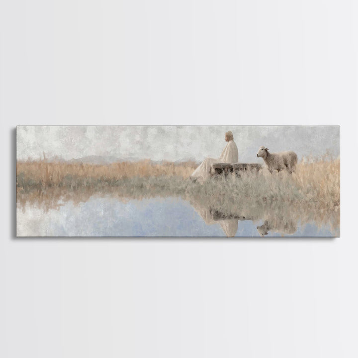 Quiet Shepherd Light - Framed Canvas Print - Panoramic Art - Christian Wall Art - Jesus Painting - Christian Art Canvas - Christmas Art