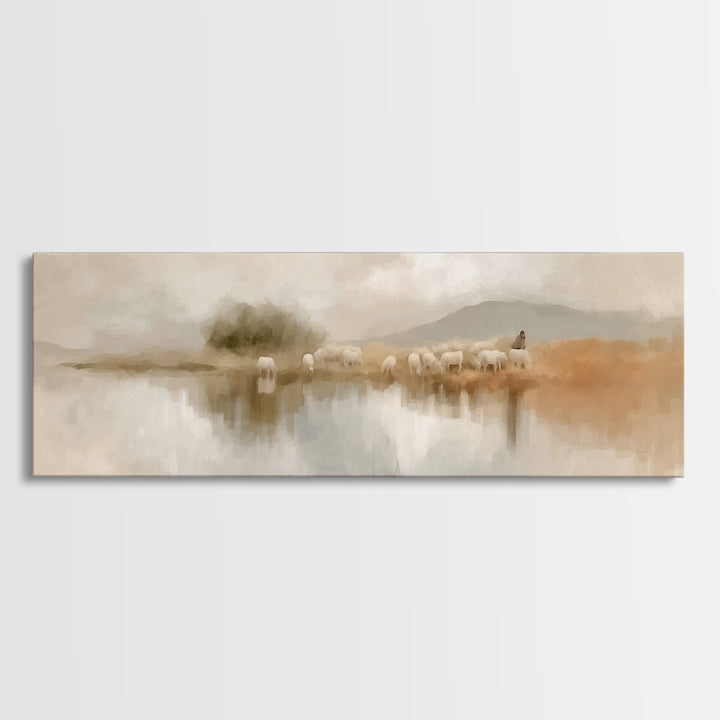 Still Waters Grace, Framed Canvas Print, Panoramic Wall Art, Christian Art Print, Jesus Canvas Art, Christian Christmas Art, Christian Deco