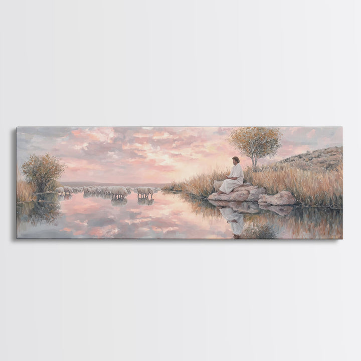 Shepherd’s Quiet Path, Framed Canvas Print, Panoramic Frame, Christian Art Canvas, Large Christian Painting, Jesus Painting, Christmas Wall