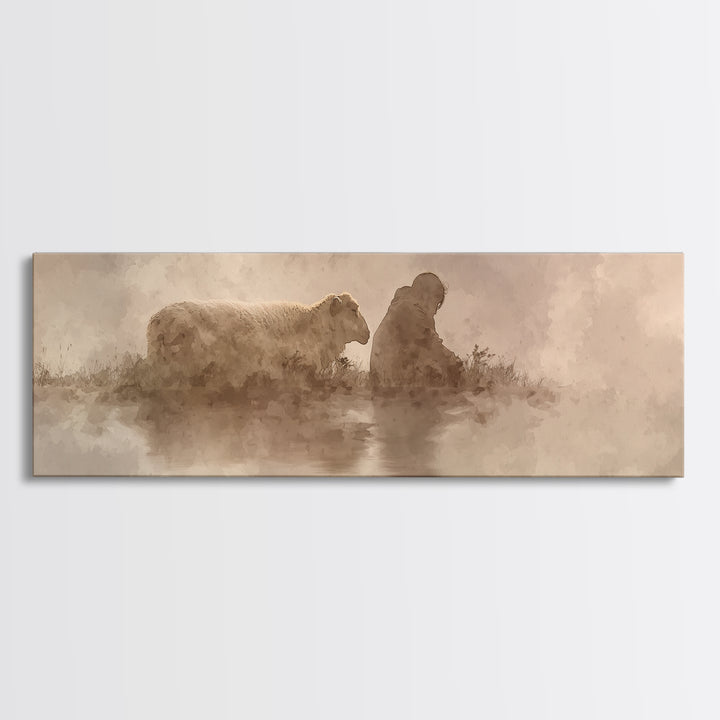Calm Pasture Hope | Framed Canvas Print | Panoramic Art | Christian Art Work | Subtle Christian Art | Jesus Christmas Art | Christian Decor