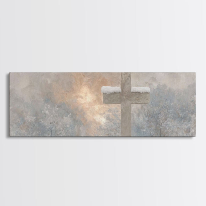 Winter Cross Light - Framed Canvas Print - Christian Wall Art - Panoramic Art - Christian Art Canvas - Christmas Art - Jesus Painting