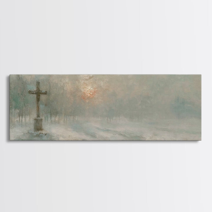 Silent Dawn Cross | Framed Canvas Print | Christian Art Canvas | Panoramic Painting | Christmas Wall Art | Modern Christian Art | Christian