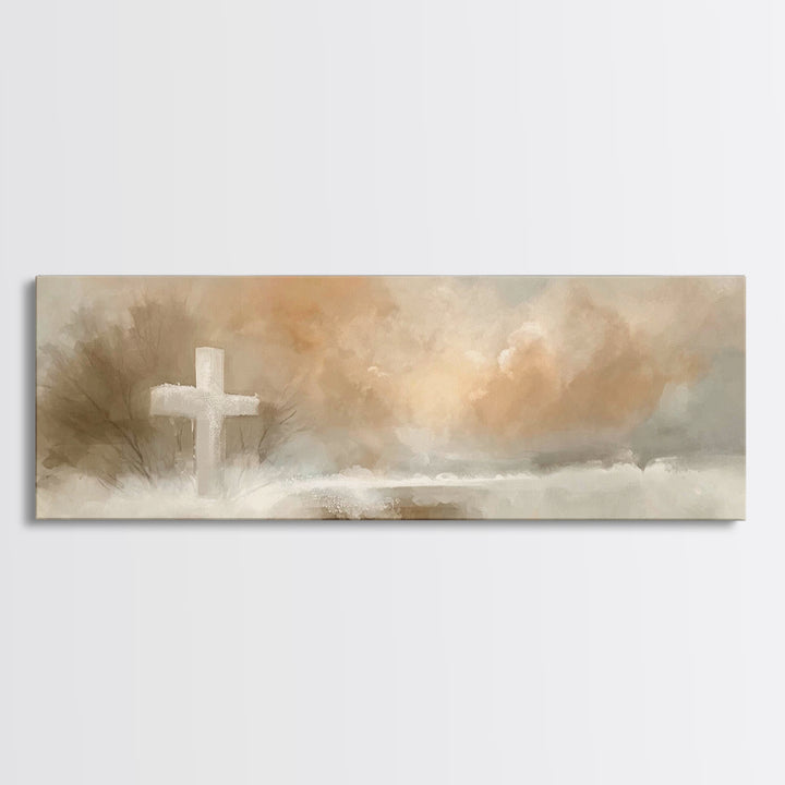 Morning Hope Cross, Framed Canvas Print, Christian Wall Art, Panoramic Print, Christian Painting, Christmas Art, Christian Art Canvas