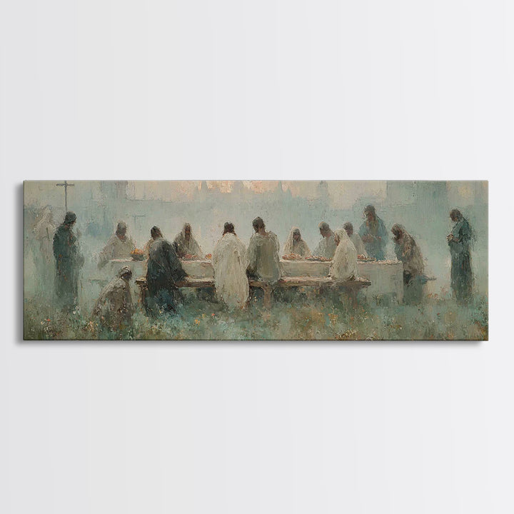 Upper Room Reverence, Framed Canvas Print, Christian Paintings, Large Christian Painting, Jesus Art Print, Panoramic Painting, Christian Ar