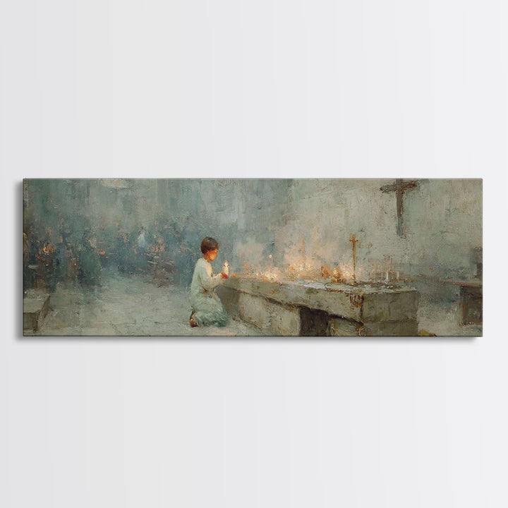 Sanctuary Candles | Framed Canvas Print | Christian Wall Art | Panoramic Painting | Christian Art Print | Christmas Art | Subtle Christian