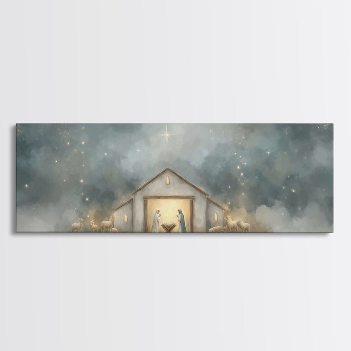 Starry Night Manger - Framed Canvas Print - Panoramic Print - Christian Christmas Art - Christian Art Canvas - Jesus Painting