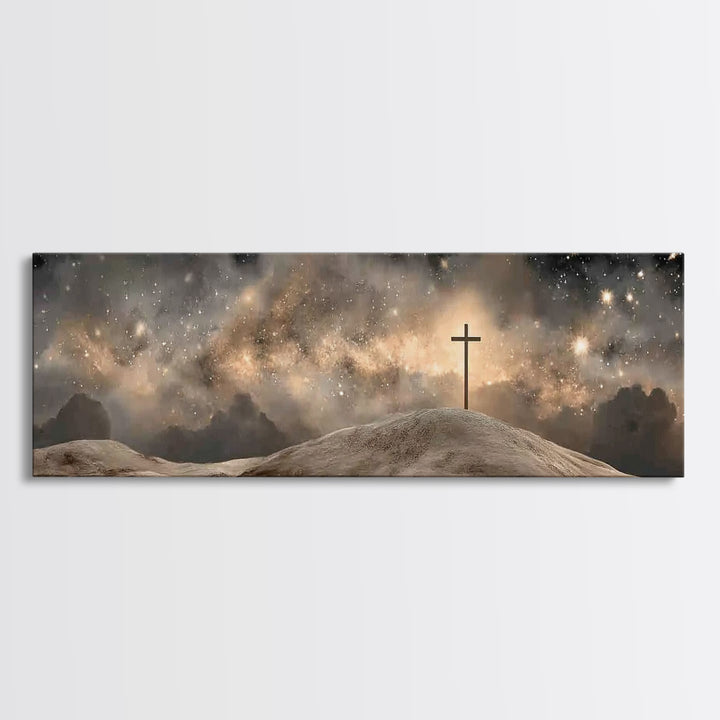 Cross On The Hill, Framed Canvas Print, Panoramic Art, Christian Wall Art, Christian Art Canvas, Jesus Painting, Christmas Art