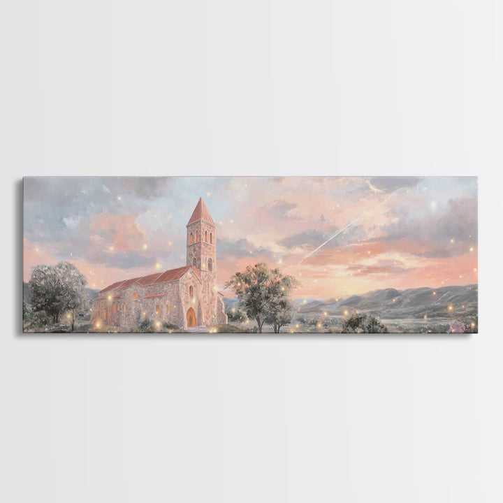 Evening Parish Glow | Framed Canvas Print | Panoramic Wall Art | Christian Art Canvas | Christian Christmas Art | Christian Wall Art | Chri