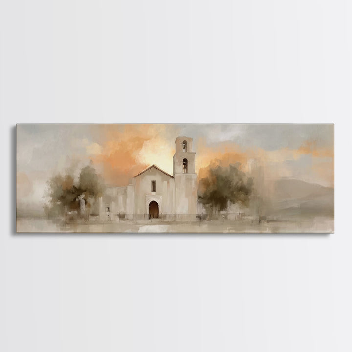 Mission At Sunset – Framed Canvas Print – Christian Art Canvas – Panoramic Painting – Christian Wall Art – Christmas Art – Jesus Painting