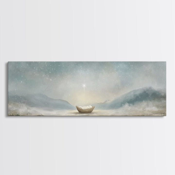 Heaven’s Soft Arrival, Framed Canvas Print, Panoramic Wall Art, Christian Art Canvas, Christmas Art, Christian Christmas Art, Jesus Paintin