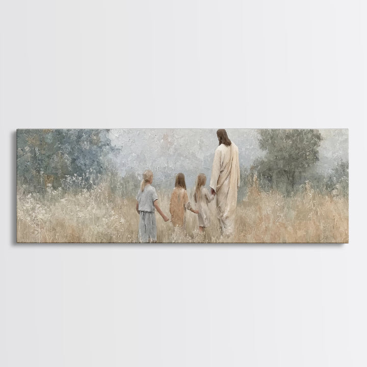 Gentle Meadow Walk – Framed Canvas Print – Christian Wall Art – Jesus Painting – Christian Art Canvas – Panoramic Art – Christian Christmas