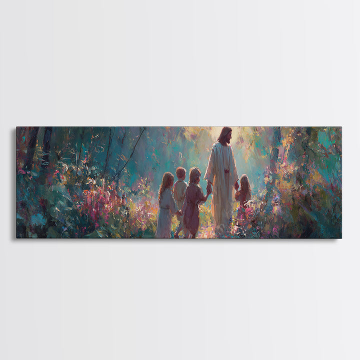 Light In The Garden | Framed Canvas Print | Christian Wall Art | Christian Art Canvas | Jesus Painting | Panoramic Painting | Christian Chr