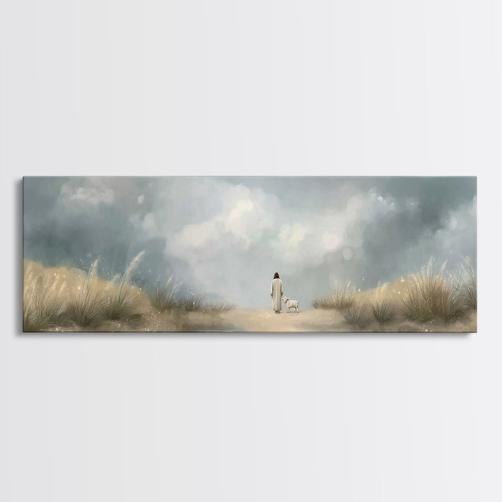 Gentle Shepherd Path – Framed Canvas Print – Christian Wall Art – Jesus Painting – Panoramic Art – Christian Art Canvas – Christian Christm