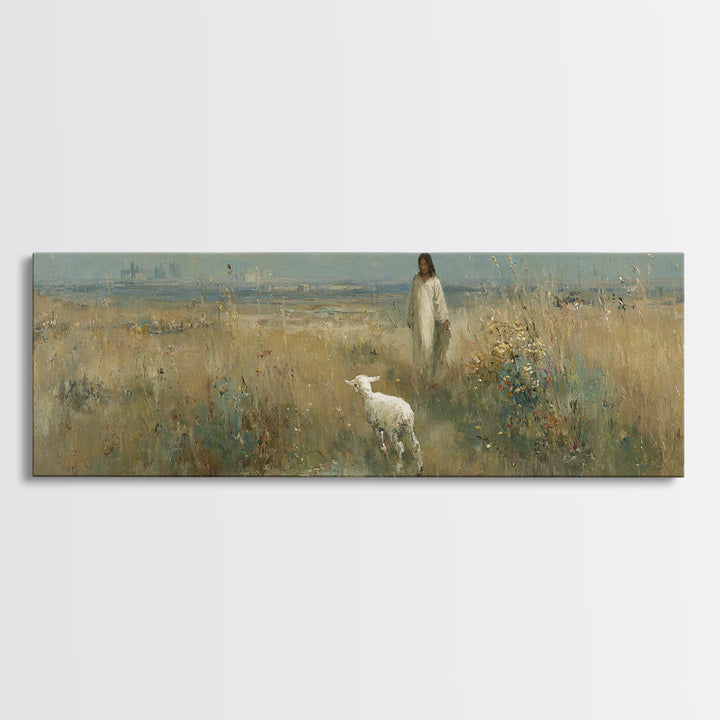 Quiet Meadow Grace, Framed Canvas Print, Christian Wall Art, Panoramic Print, Jesus Painting, Christian Christmas Art, Christian Art Canvas