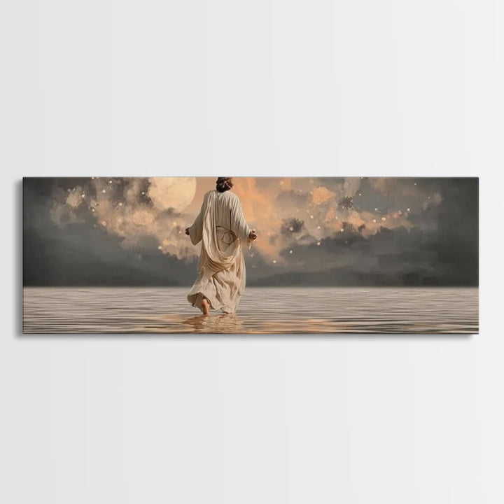 Moonlit Savior Calm – Framed Canvas Print – Panoramic Art – Christian Wall Art – Jesus Painting – Christian Art Canvas – Christmas Art