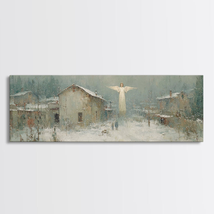Winter Angel Blessing – Framed Canvas Print – Christian Wall Art – Panoramic Art – Christian Art Canvas – Christmas Art – Holiday Art