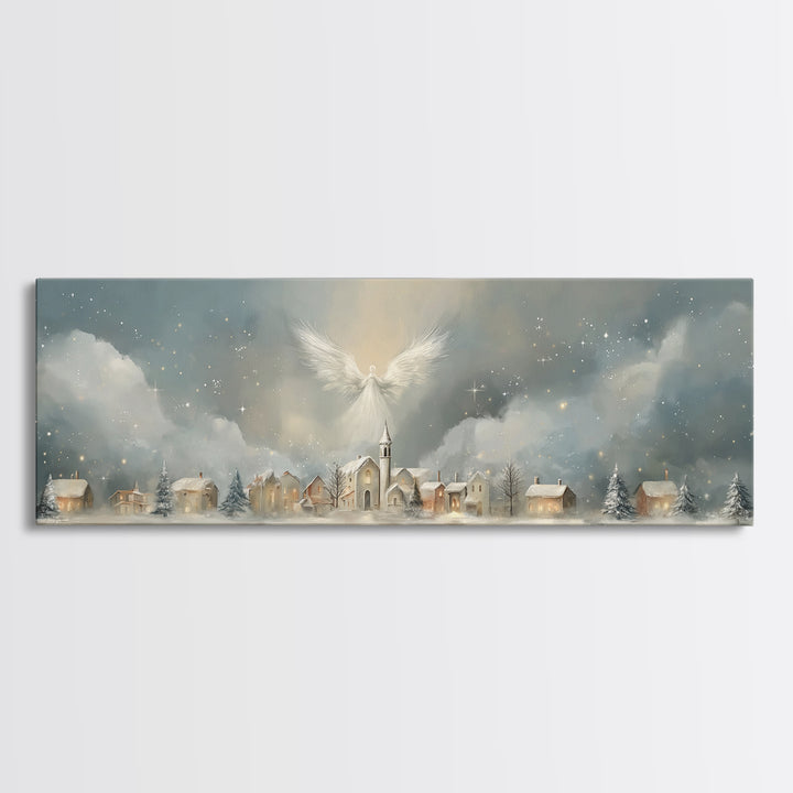 Heavenly Village Light, Framed Canvas Print, Christian Wall Art, Panoramic Painting, Christian Christmas Art, Christian Art Canvas, Holiday