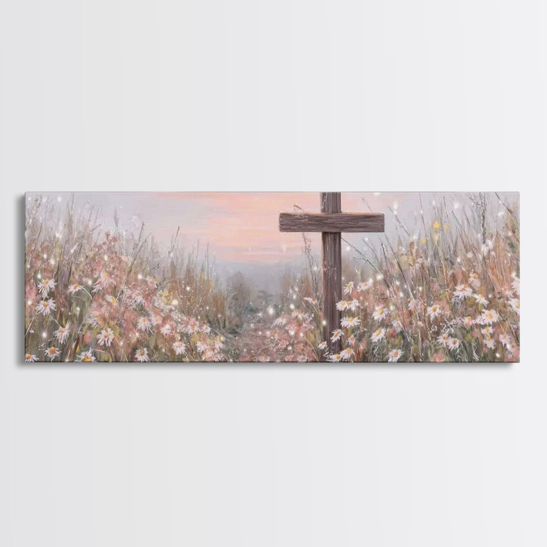 Silent Cross Meadow | Framed Canvas Print | Panoramic Wall Art | Christian Art Canvas | Subtle Christian Art | Christian Decor | Christmas