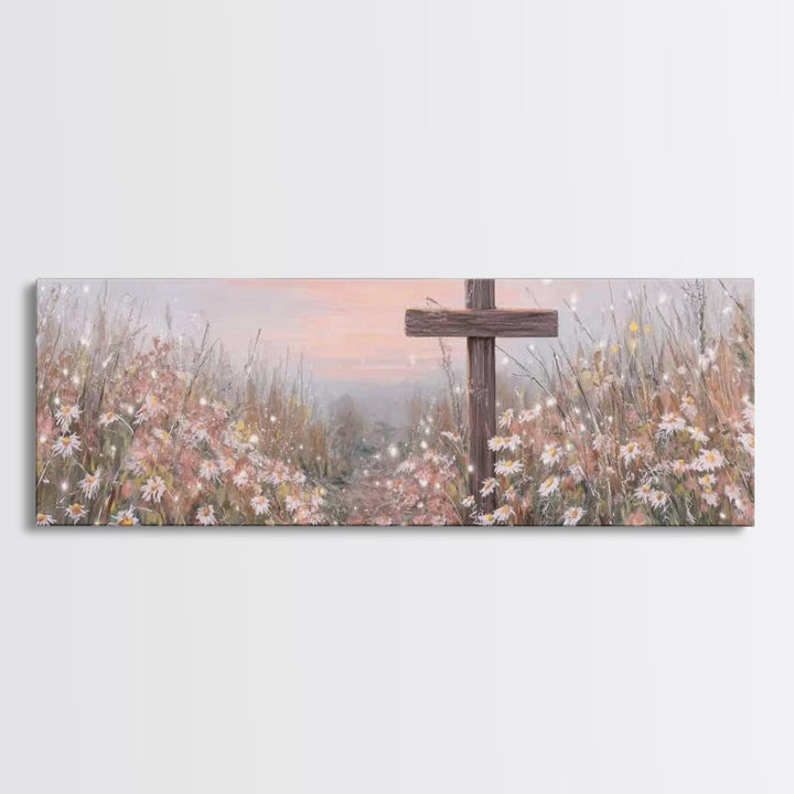 Silent Cross Meadow | Framed Canvas Print | Panoramic Wall Art | Christian Art Canvas | Subtle Christian Art | Christian Decor | Christmas