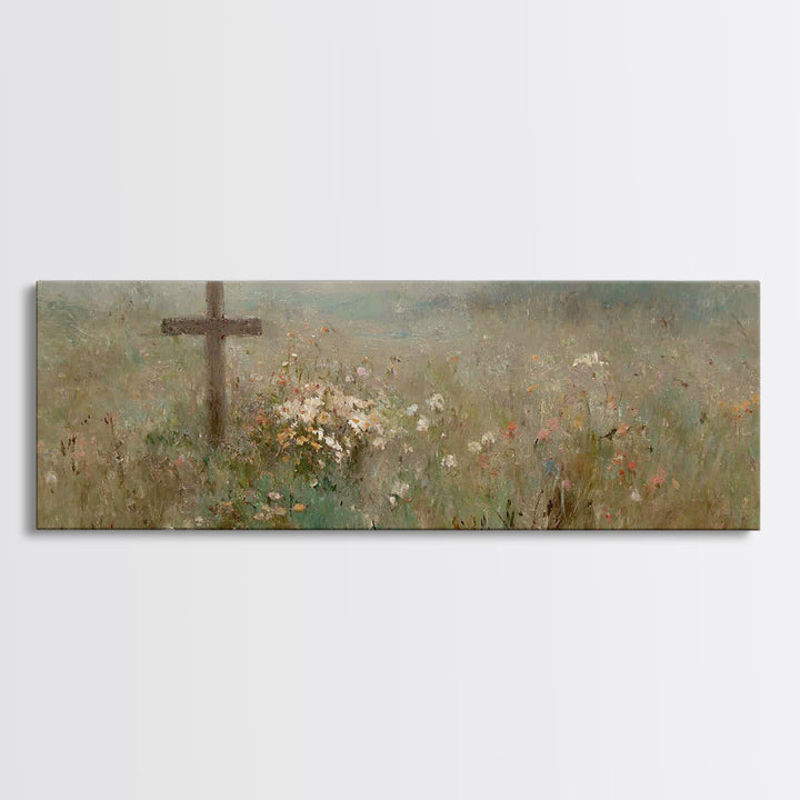 Quiet Garden Cross | Framed Canvas Print | Extra Wide Art | Christian Wall Art | Christian Art Print | Christian Christmas Decor | Modern C