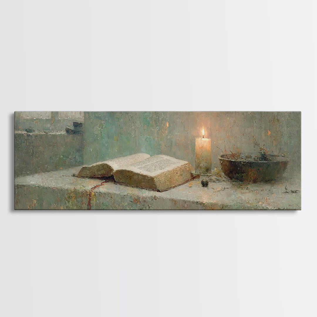 Sacred Study – Framed Canvas Print – Panoramic Painting – Christian Art Canvas – Christian Art Work – Christian Gift – Moody Christian Art