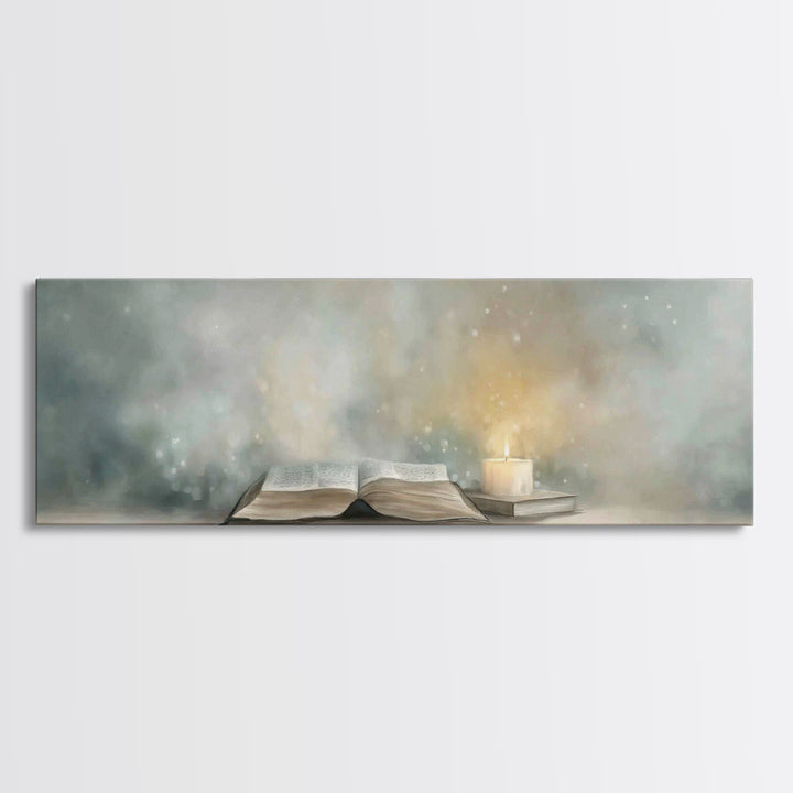 Candlelit Scripture | Framed Canvas Print | Christian Christmas Art | Panoramic Wall Art | Christian Art Canvas | Christian Painting | Chri
