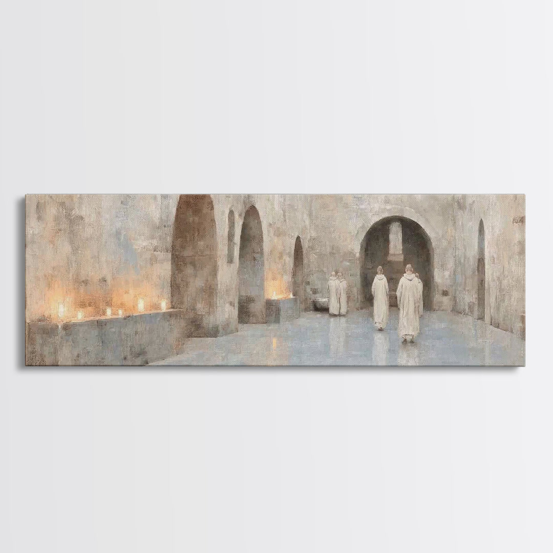 Silent Cloisters, Framed Canvas Print, Christian Wall Art, Panoramic Painting, Christian Art Print, Vintage Christian Art, Christmas Wall A