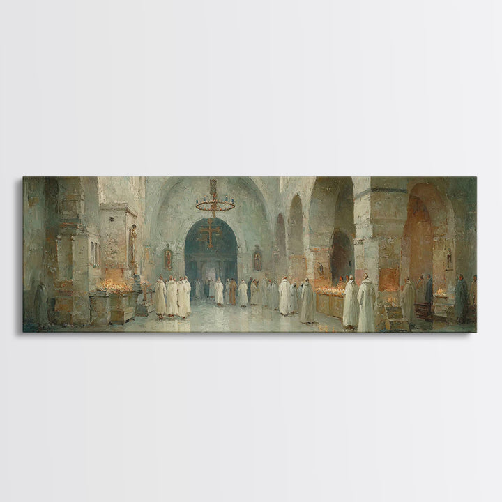 Monastic Gathering – Framed Canvas Print – Christian Art Canvas – Panoramic Frame – Christmas Art – Christian Decorations – Christian Paint