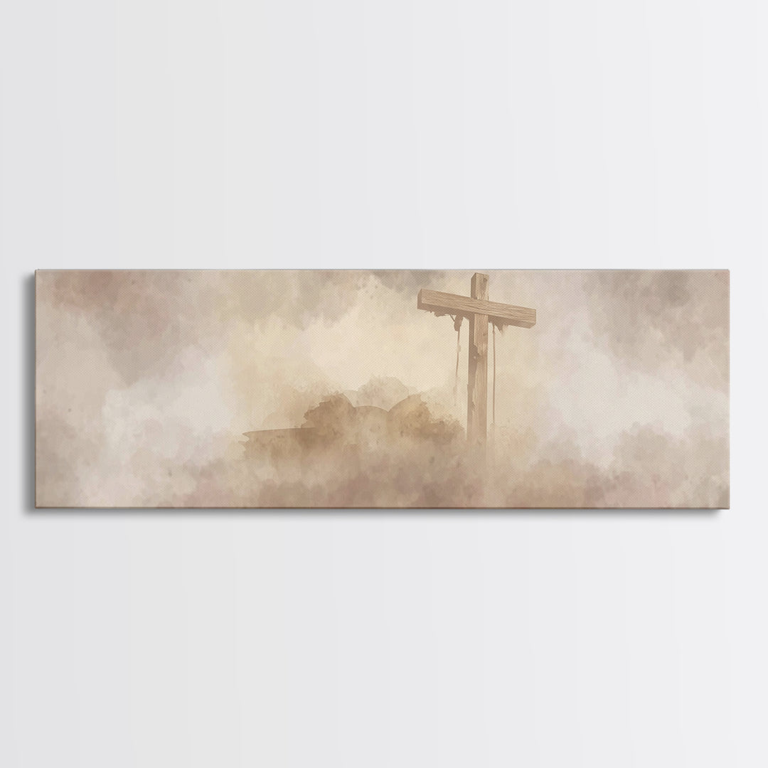 Worn Cross | Framed Canvas Print | Christian Art | Panoramic Painting | Christian Wall Art | Christian Art Canvas | Christian Artwork