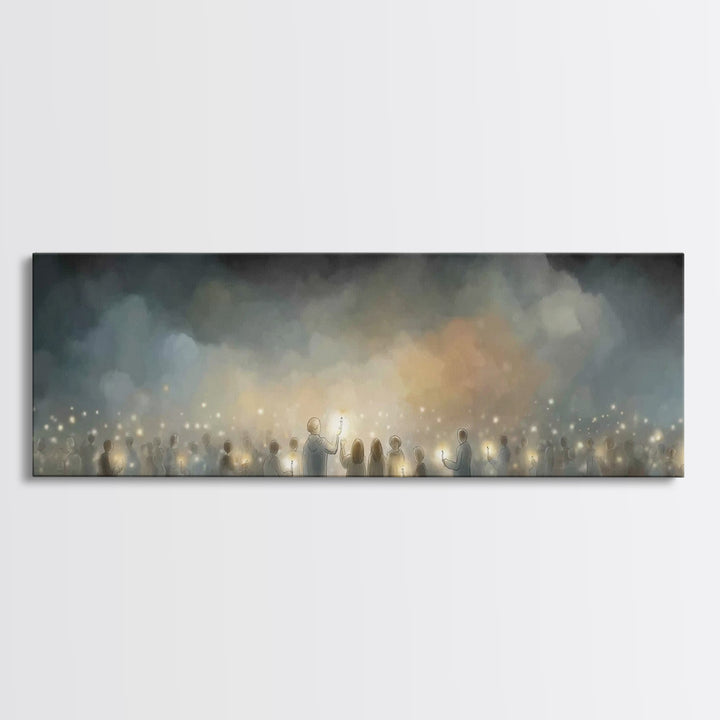 Twilight Candle Crowd | Framed Canvas Print | Christian Wall Art | Panoramic Frame | Christian Art Canvas | Christmas Art | Devotional Art