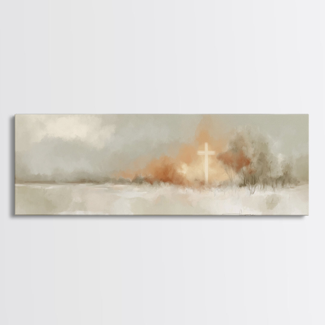 Light On Calvary, Framed Canvas Print, Christian Wall Art, Panoramic Painting, Christian Art Canvas, Christian Painting, Christian Decor
